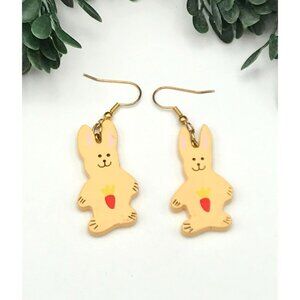 Cute Bunny Earrings With Carrot Design - Wooden & Lightweight - Hook Back